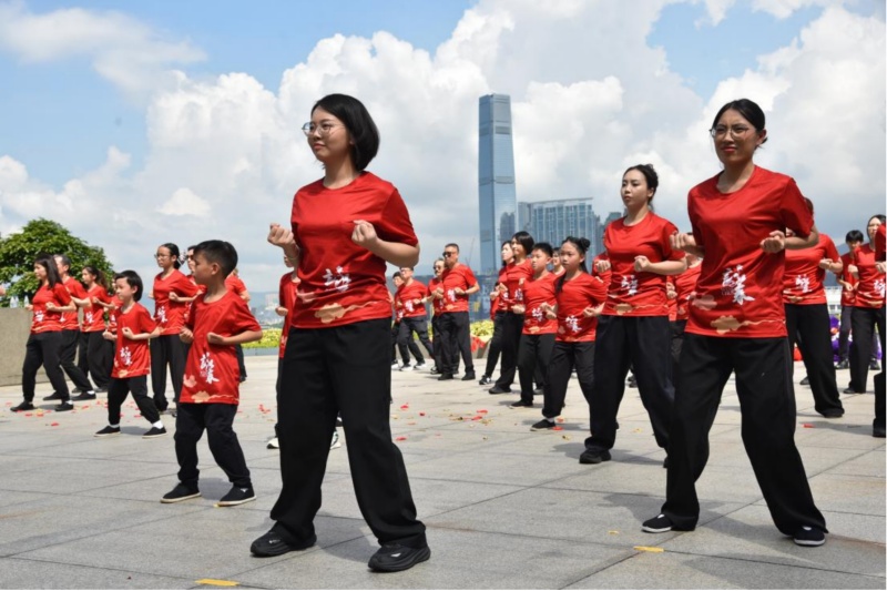 77名咏春拳习练者在香港添马公园齐打咏春拳。