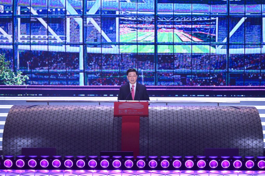 3月1日，香港特区行政长官李家超在香港启德体育园开幕典礼上致辞。
