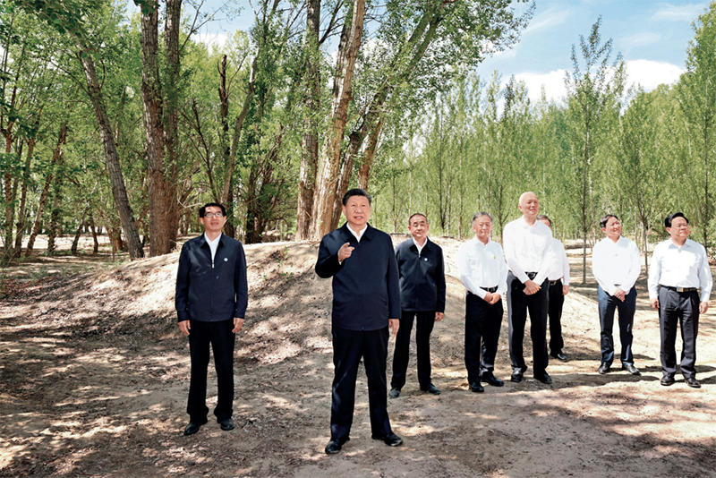 2023年6月5日至6日，中共中央总书记、国家主席、中央军委主席习近平在内蒙古巴彦淖尔考察，并主持召开加强荒漠化综合防治和推进“三北”等重点生态工程建设座谈会。这是6日上午，习近平在临河区国营新华林场考察。图片来源：新华网