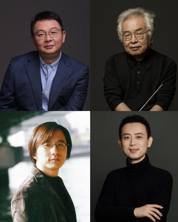 图为民族交响组曲《东方之光》四位作曲家:赵麟(左上)、朴范勋(右上)、和田熏(左下)、罗麦朔(右下)。 图为民族交响组曲《东方之光》四位作曲家:赵麟(左上)、朴范勋(右上)、和田熏(左下)、罗麦朔(右下)。