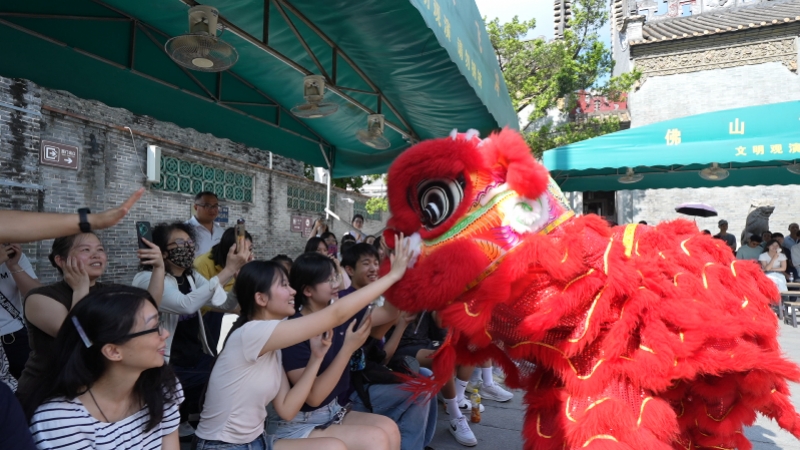 香港学生观看武术与醒狮表演。 香港学生观看武术与醒狮表演。